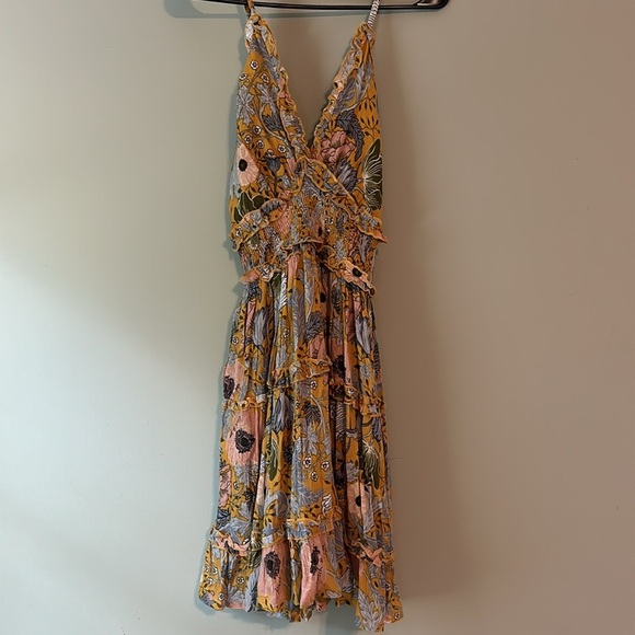 NWT Floral Ruffle Smocked Empire Waist Sundress in Mustard M - Picture 2 of 14